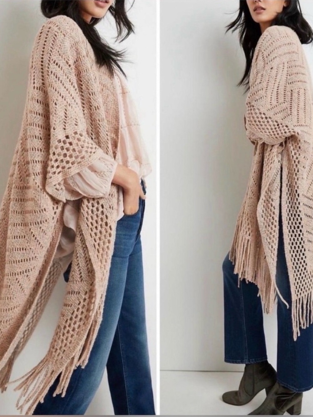 Draped Open-Knit Fringe Poncho Cardigan in Blush